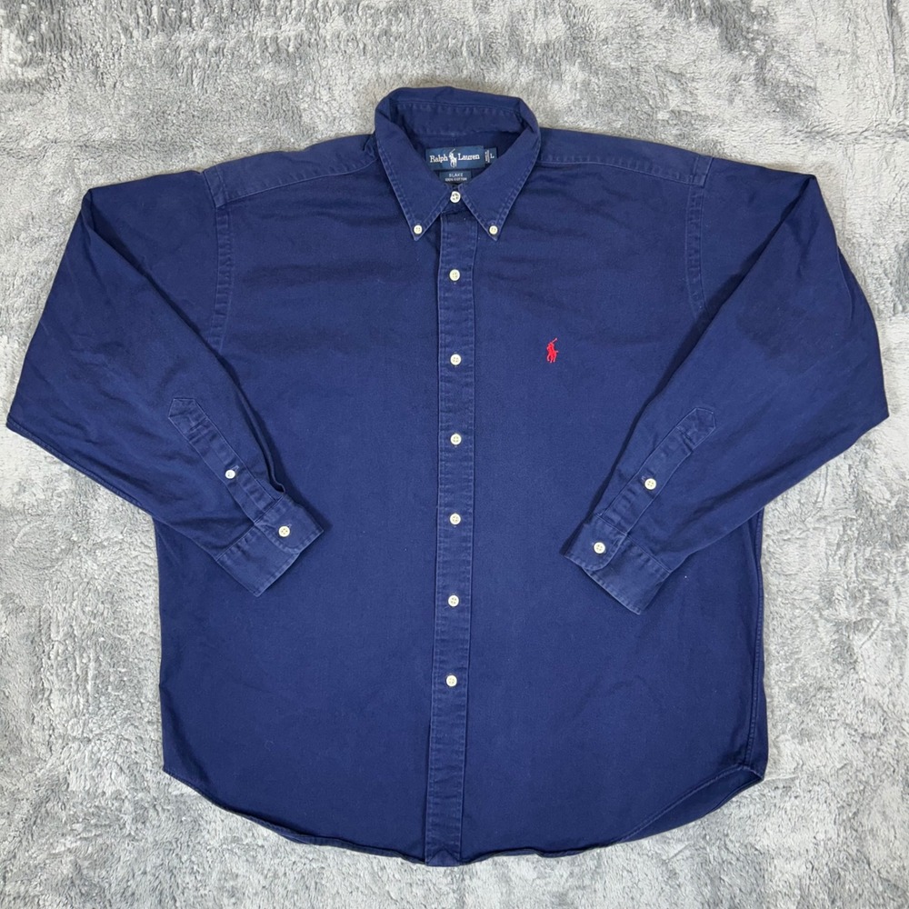 Ralph Lauren Blake Mens Navy Blue Cotton Button Down Shirt Large Long Sleeve VTG
